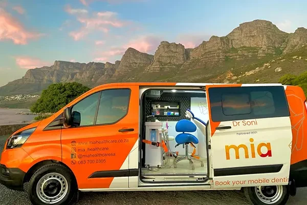 The Mia mobile clinic with its side doors open